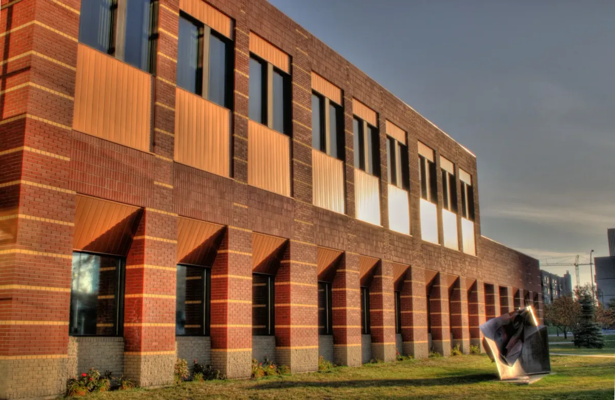 The east end of the MacEwan University City Centre Campus complex in downtown Edmonton at sunrise