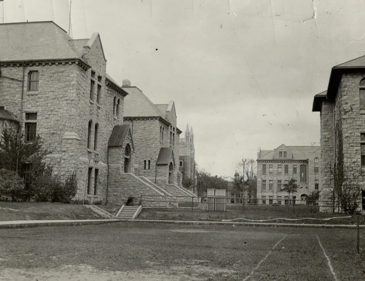 Queen's University campus in Kingston, Ontario, showing the limestone buildings, circa 1925