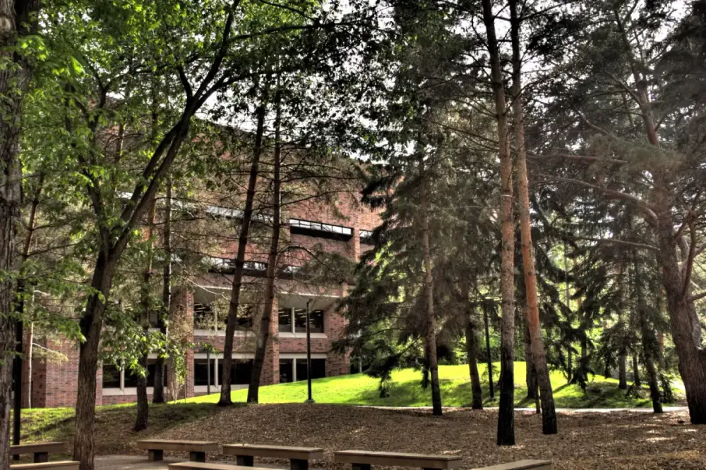 The Rutherford Humanities and Social Sciences Library seen across the quad at the University of Alberta
