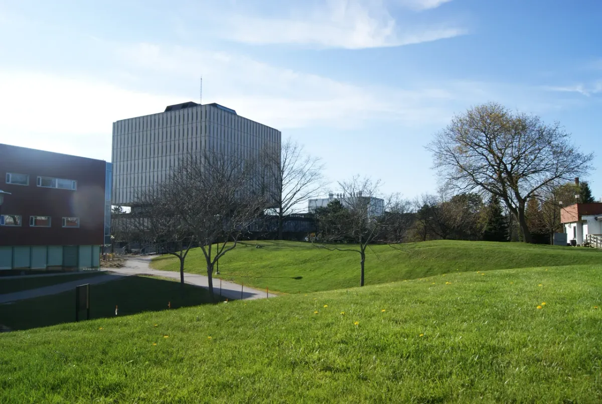 South Campus greens at the University of Waterloo, with Dana Porter Library in the background
