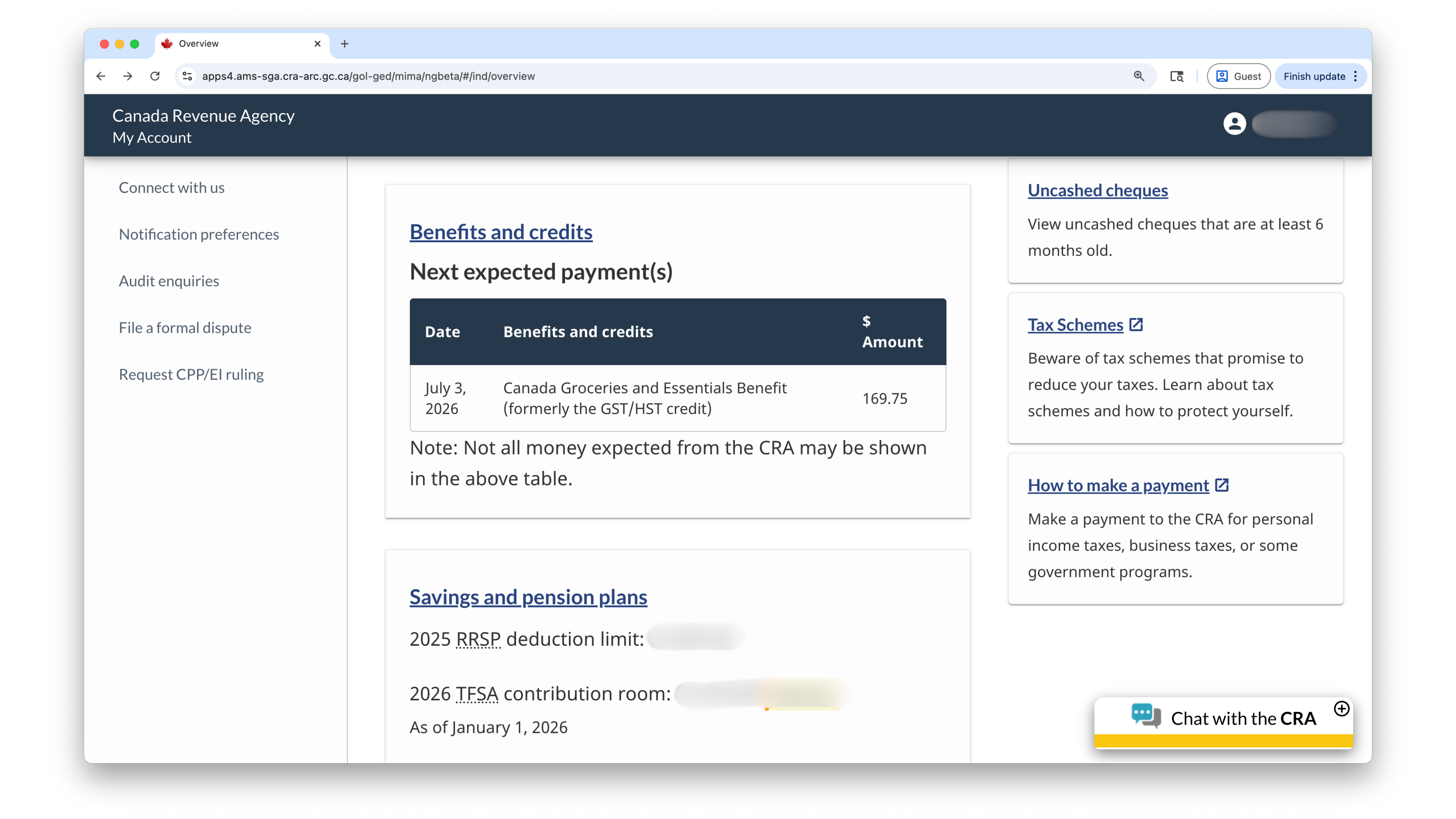 CRA My Account showing the next expected payment: Canada Groceries and Essentials Benefit, formerly the GST/HST credit, for $169.75 dated July 3, 2026